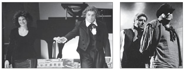 Ο Τάσος Χαλκιάς το 1999 εγκαινίασε τις πρώτες μουσικές - θεατρικές παραστάσεις ως «Μπετόβεν» στο Μέγαρο Μουσικής. Δεξιά: Γιώργος Παρτσαλάκης - Τάσος Χαλκιάς στους «Αθλίους» του Βίκτωρος Ουγκό το 1995 στο Θέατρο Καλουτά