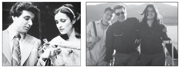 Πρώτος ρόλος στο Εθνικό Θέατρο το 1977 με τη Ράνια Οικονομίδου στον «Γυάλινο Κόσμο» του Τενεσί Ουίλιαμς. Δεξιά: Ο ηθοποιός με τα παιδιά του Αρη και Ηλιάνα στην Αίγινα