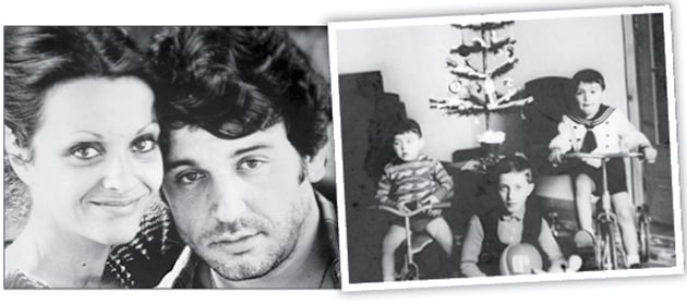 Νέοι και ερωτευμένοι σπουδαστές στο Εθνικό Θέατρο, το 1973. Τάσος Χαλκιάς και η αγαπημένη του Πέννυ Παππουτσή. Δεξιά: Χριστούγεννα στο πατρικό στον Ελαιώνα. Ο Τασούλης 3 ετών αριστερά, ο μικρός θείος του Αλέκος και ο αδερφός του ο Γιάνγκο