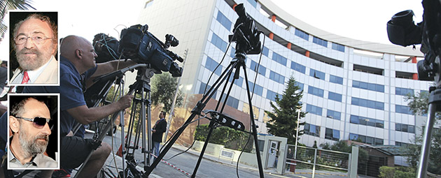 Το κτίριο της Γενικής Γραμματείας Ενημέρωσης. Μικρές φωτό: Ο Χρήστος Καλογρίτσας (πάνω) και κάτω ο γιος του Ιωάννης Βλαδίμηρος