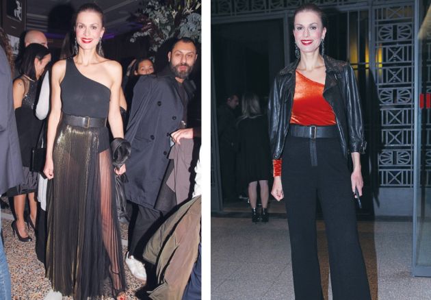 Αριστερά: Με μαύρο κορμάκι σε συνδυασμό με διάφανη ψηλόμεση φούστα και ζώνη . Δεξιά: Η Τζίνα Αλιμόνου με ψηλόμεση παντελόνα, πορτοκαλί μπλούζα με έναν ώμο και πέδιλα