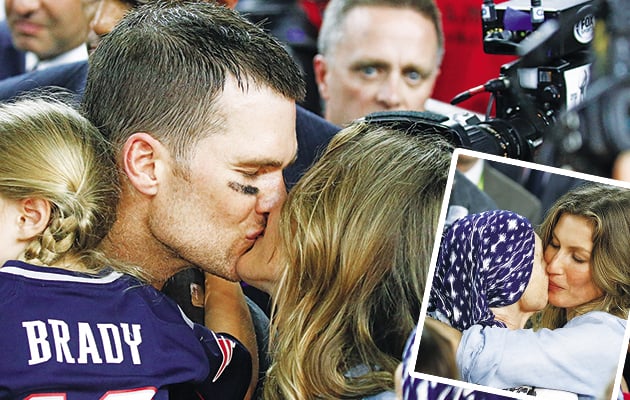 Η Ζιζέλ φιλάει τον σύζυγό της για τη μεγάλη νίκη του. Μικρή φωτό: Μαζί με την πεθερά της Γκέιλιν Πατρίτσια