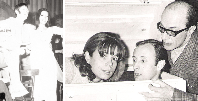 Με τη Ζωζώ Σαπουντζάκη στο μιούζικαλ «Μαντάμ Ζωή». Δεξιά: Με την Εφη Ροδίτη και τον Ντίνο Ηλιόπουλο στο έργο «Η πιο μεγάλη απάτη»