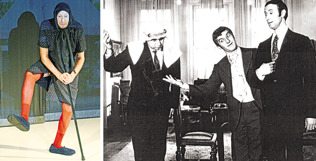 Από την επιθεώρηση «Κάγκελα Μέρκελ» το 2016. Δεξιά: Από την ταινία «Δύο έξυπνα κορόιδα» με τον Αλέκο Τζανετάκο και τον Ζαννίνο