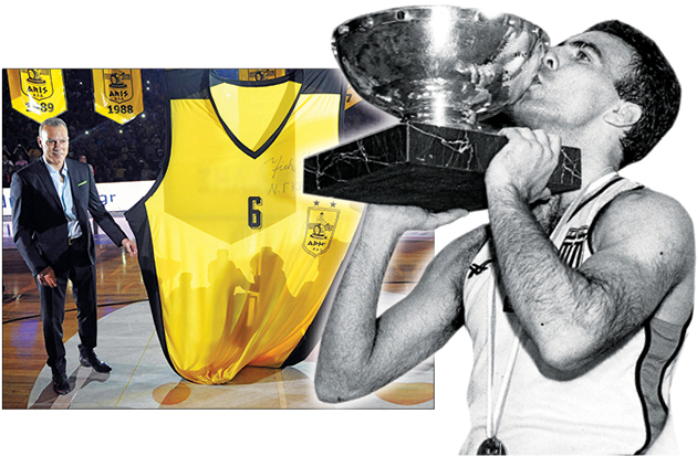 Η φανέλα με το «6» λίγο προτού υψωθεί στην οροφή του «Αλεξάνδρειου». Αριστερά: Με την κούπα το 1987