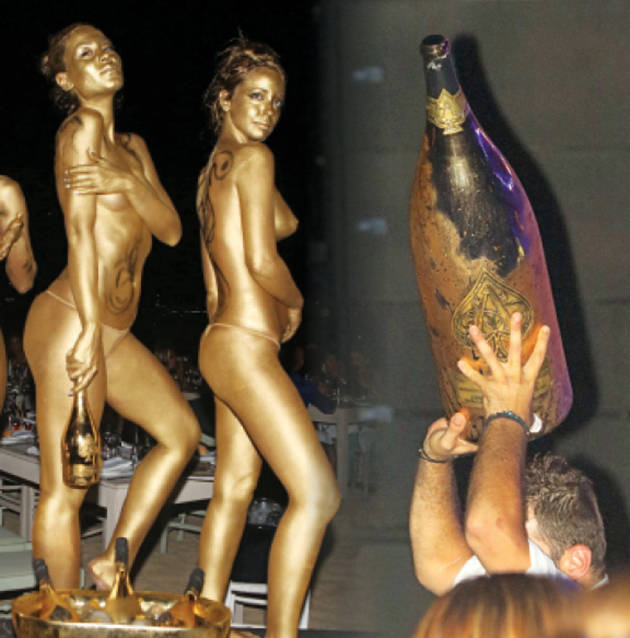 ΧΟΡΟΣ • Ημίγυμνες κοπέλες από... χρυσάφι. Δεξιά: ΠΑΡΑΓΓΕΛΙΑ • Η πανάκριβη σαμπάνια