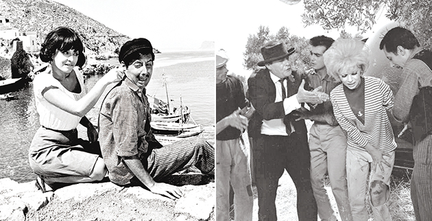 Αριστερά: Στην ταινία «Γοργόνες και μάγκες» με τη Μάρθα Καραγιάννη. Δεξιά: Στο φιλμ «Υπάρχει και φιλότιμο». Από αριστερά: Λάμπρος Κωνσταντάρας, Χάρης Παναγιώτου, Νίκη Λινάρδου και Χρήστος Δοξαράς