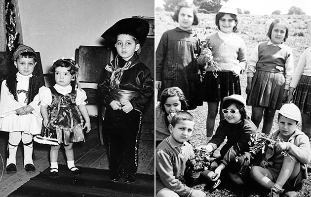 Αριστερά: ΟΙΚΟΓΕΝΕΙΑ • Τα τρία αδέρφια ποζάρουν στον φακό τη δεκαετία του '60 στον Πειραιά. Δεξιά: ΣΧΟΛΕΙΟ • Από την εκδρομή με τους κολλητούς από το δημοτικό, που είναι ακόμη και σήμερα φίλοι, και τον πρώτο του παιδικό έρωτα