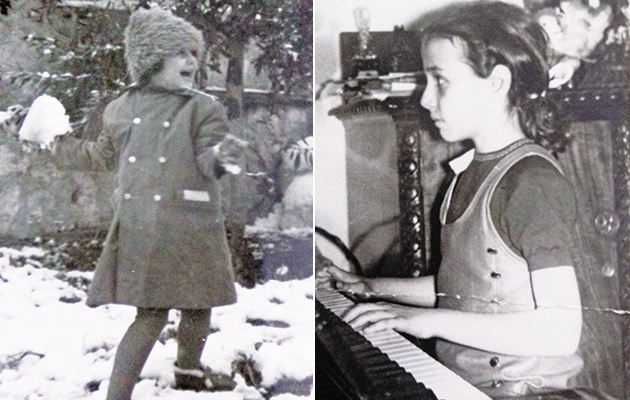 Αριστερά: Με χιονόμπαλα στο χέρι σε ηλικία 3 ετών. Δεξιά: Παίζοντας πιάνο