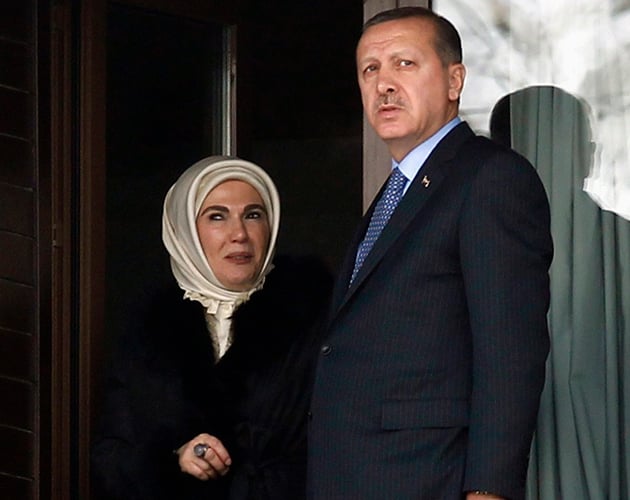turkeys prime minister recep tayyip erdogan and his wife emine erdogan look out from a balcony of in erzurum