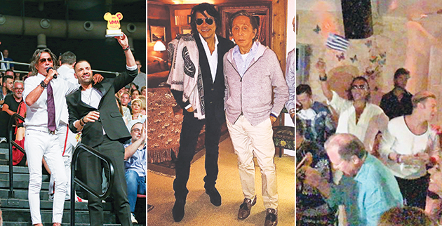 Από αριστερά: Στα φετινά βραβεία Mad με τον Κωνσταντίνο Αργυρό. Αγκαλιά με τον διάσημο σχεδιαστή Valentino. «Κλικ» από το πρόσφατο κιτς πάρτι για τη γιορτή του στο Nammos