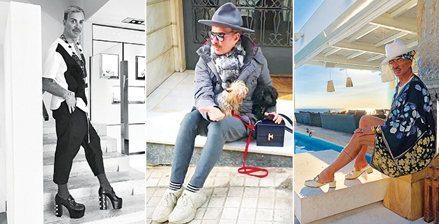 Από αριστερά: Ο Mr Lak ποζάρει στον φακό φορώντας ψηλοτάκουνα. «Επαίτης» στο Κολωνάκι. Εκκεντρικός • Μία από τις εμφανίσεις του Λάκη Γαβαλά