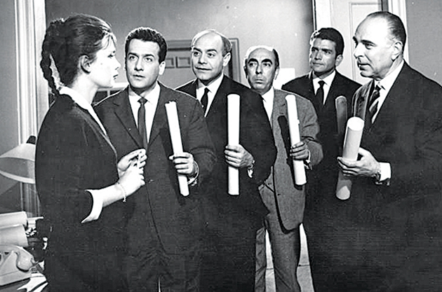 Καρέζη, Αλεξανδράκης, Νικολαΐδης, Παπαγιαννόπουλος, Αντωνόπουλος, Χριστοφορίδης στην ταινία «Δεσποινίς διευθυντής»