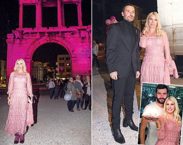 Αριστερά: Λαμπερή η Ελένη Μενεγάκη στα ροζ μπροστά στην Πύλη του Αδριανού. Δεξιά: Με τον καλό φίλο της Δούκα Χατζηδούκα. Ένθετη: Με τον αδελφό της Θοδωρή Μισόκαλο και την τούρτα γενεθλίων του