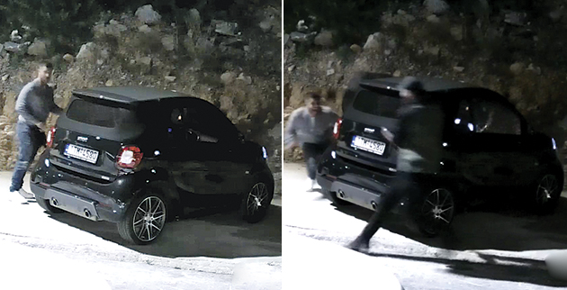 Αριστερά: Ο επιχειρηματίας πλησιάζει το αυτοκίνητό του. Δεξιά: Ο Γιάννης Μακρής σε τετ α τετ με τον εκτελεστή του