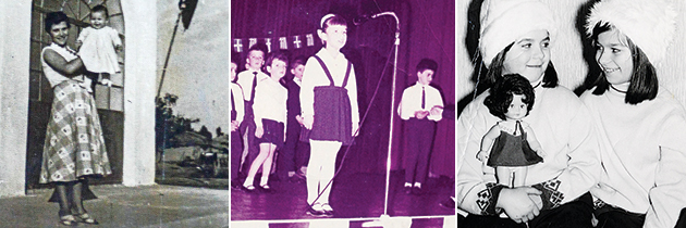 Από αριστερά: Μωρό στην αγκαλιά της μητέρας της, Κυριακής. Μαθήτρια δημοτικού σε σχολική παράσταση. Πιτσιρίκα με την αδελφή της Φανή