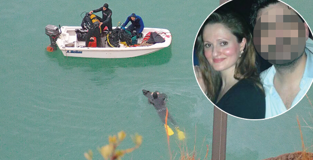 Από τις έρευνες των ανδρών της ΕΜΑΚ για τον εντοπισμό της βιολόγου. Ένθετη: Με τον σύζυγό της