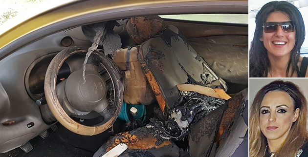 Το καμένο αυτοκίνητο της Ειρήνης Λαγούδη. Πάνω: Η Ειρήνη Λαγούδη. Κάτω: Η Μαίρη Ιατρού