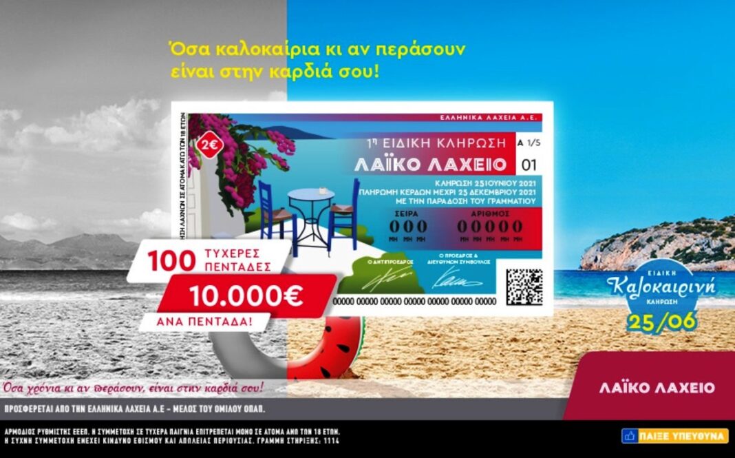 Το Λαϊκό Λαχείο μοιράζει 10.000 ευρώ σε 100 τυχερούς – Ειδική καλοκαιρινή κλήρωση την Παρασκευή 25 Ιουνίου