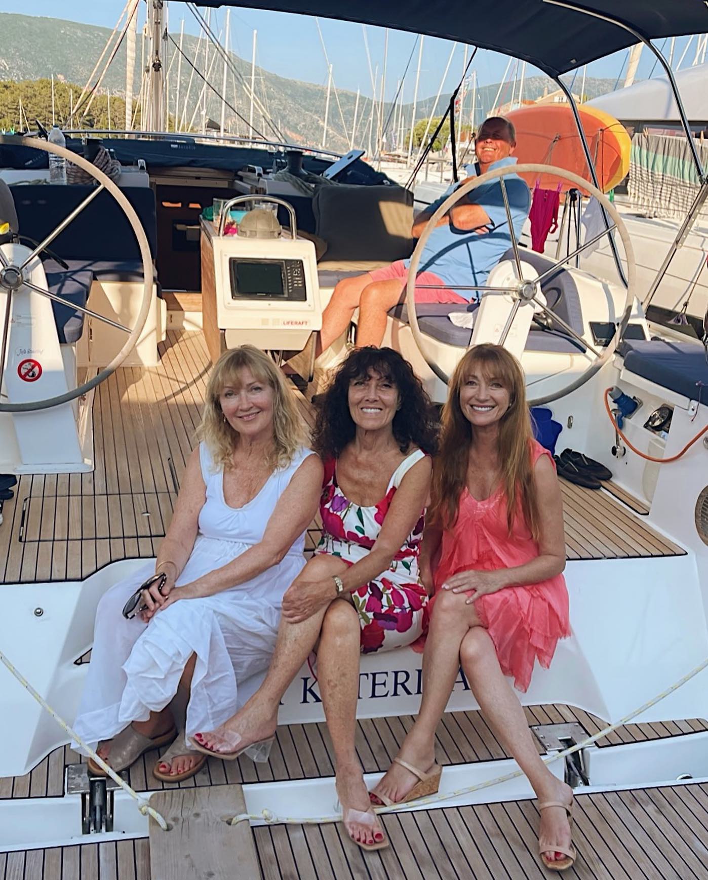Photo by Jane Seymour OBE in Greece with @sallyfrankenberg and @anniemjgould. May be an image of 3 people sail ship yacht and houseboat