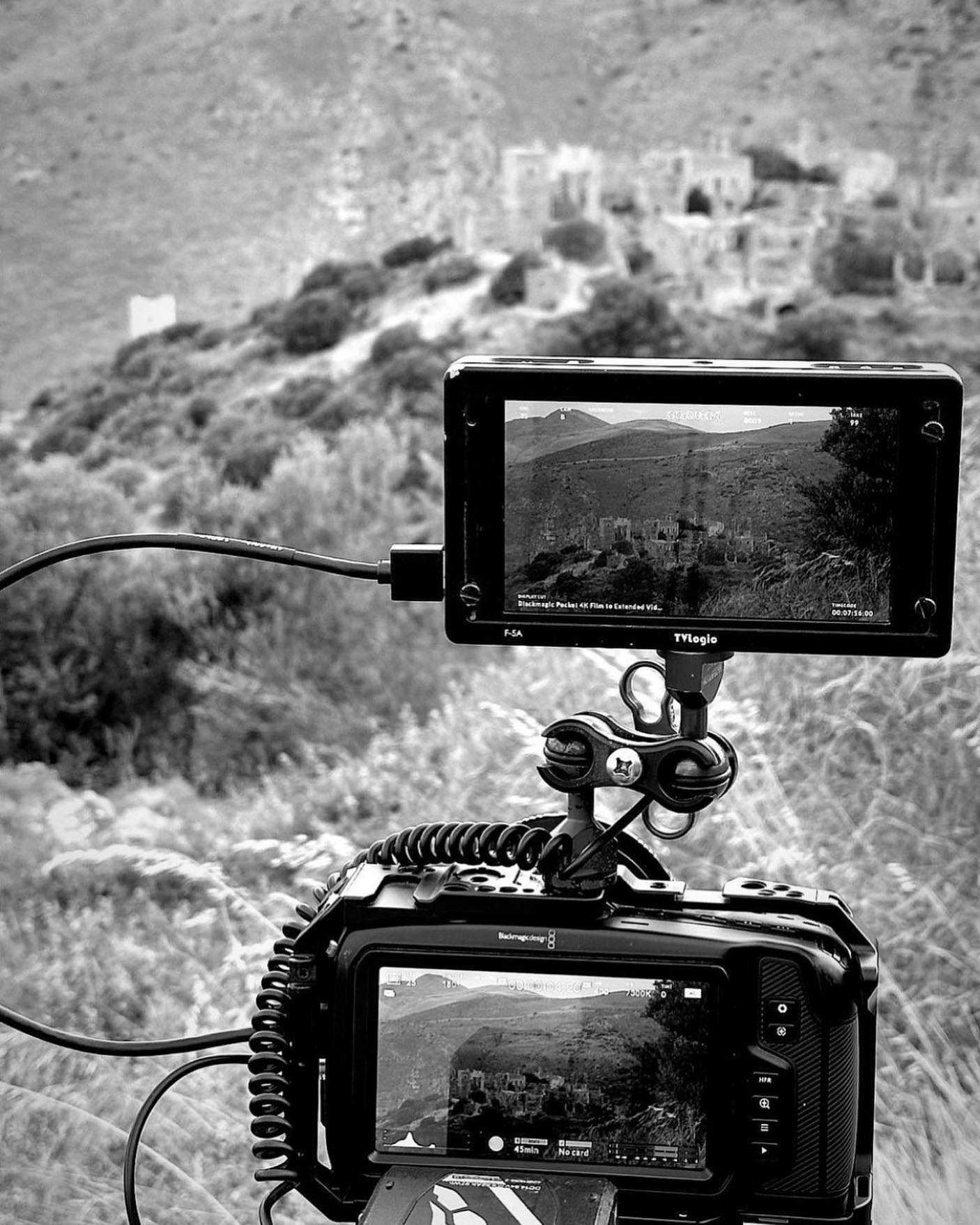 Photo by Η Μάγισσα The Witch in Vathia Lakonia Greece with @stavroskosto and @magissa.ant1tv. May be a black and white image of camera tripod camcorder and