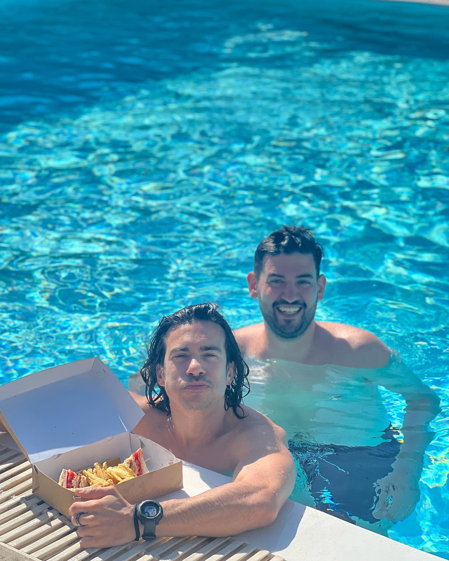 Photo shared by Aris on June 08 2023 tagging @konstantinos.manaridis. May be an image of 2 people people swimming raft pizza and pool