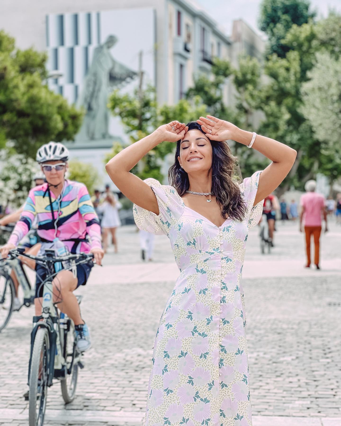 Photo shared by Evgenia Samara on June 13 2023 tagging @tedbaker. May be an image of 3 people bicycle headscarf scooter dress sundress and outdoors