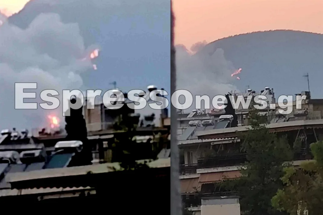 Η φωτιά κατεβαίνει επικίνδυνα από την Πάρνηθα – Εικόνες από το ύψος του Αμαρουσίου