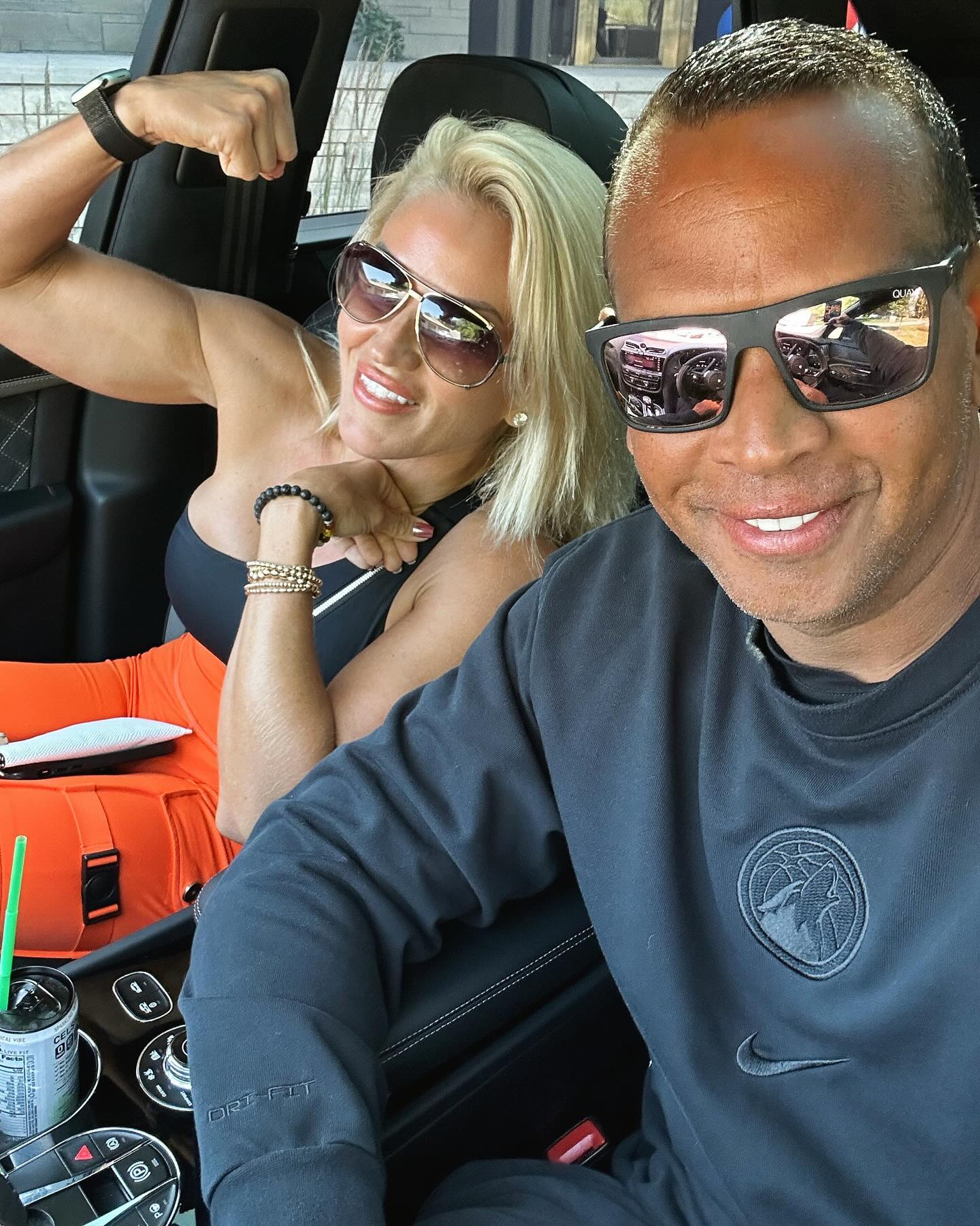 Photo shared by Alex Rodriguez on February 14 2024 tagging @jac lynfit. May be a selfie of 2 people seatbelt glasses wetsuit minivan and sunglasses