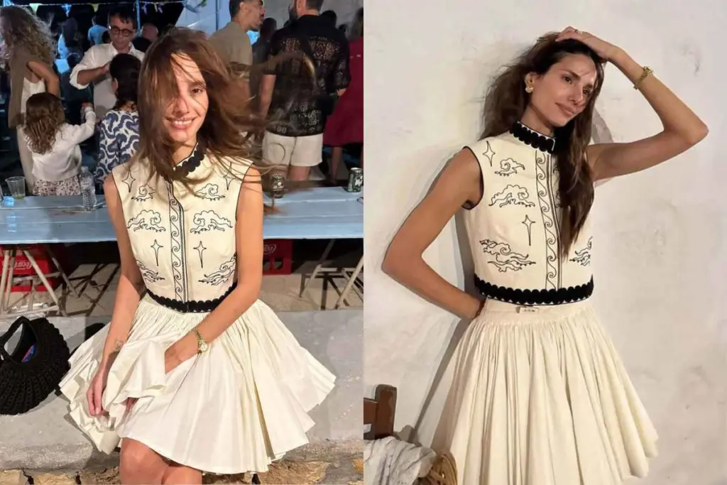 Η Ηλιάνα Παπαγεωργίου με λευκή φουστανέλα και γιλέκο σε παραδοσιακό πανηγύρι
